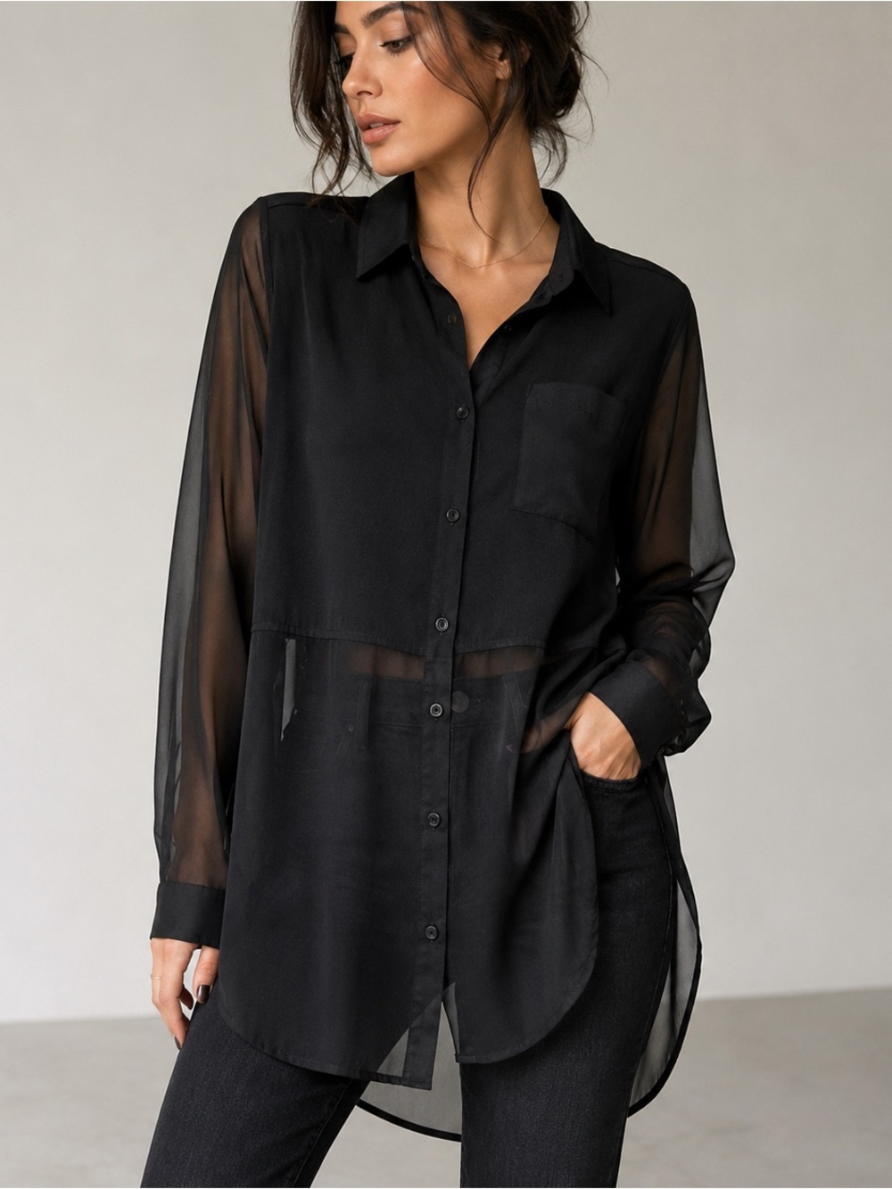 Free People Black Sheer Panel Oversized Button Down Shirt Size M
